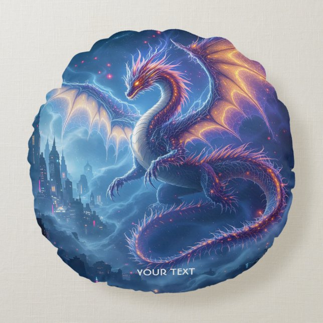 Fantasy Niedlich Blue Dragon City Rundes Kissen (Vorderseite)