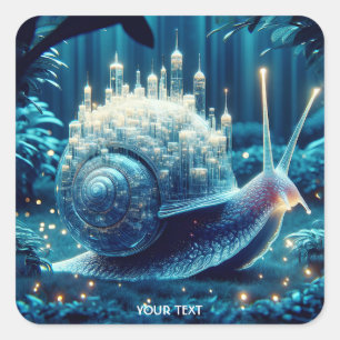 Fantasy Niedlich Blue Snail City Quadratischer Aufkleber