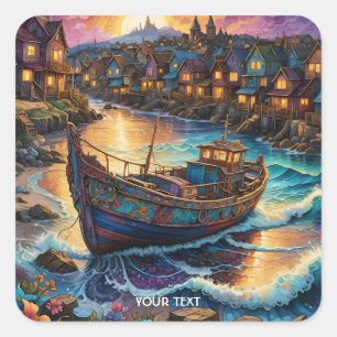 Fantasy Niedlich Boat Village Sunset Quadratischer Aufkleber