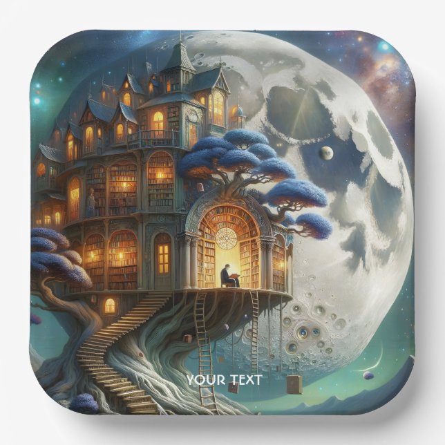 Fantasy Niedlich Boy Moon Library Pappteller (Vorderseite)