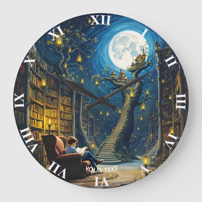 Fantasy Niedlich Boy Tree Library Große Wanduhr (Vorderseite)