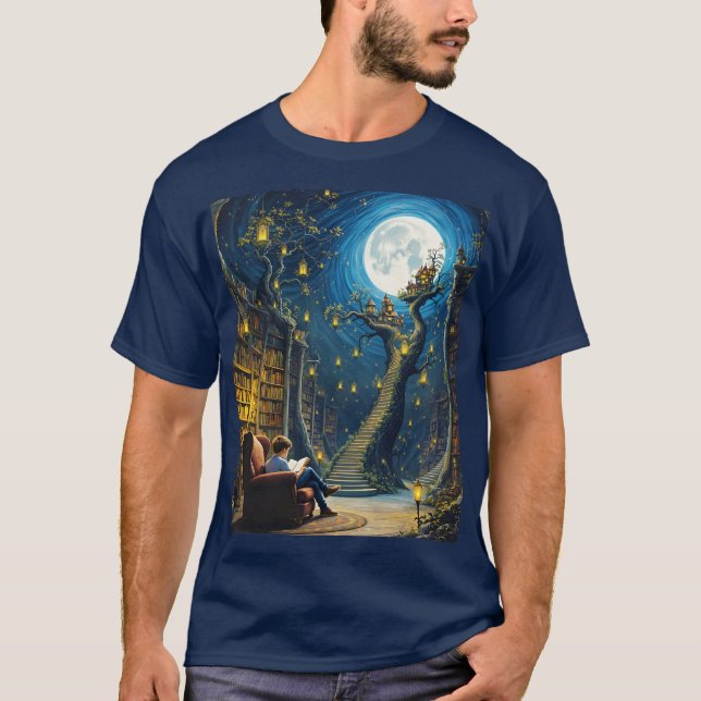 Fantasy Niedlich Boy Tree Library T-Shirt (Vorderseite)