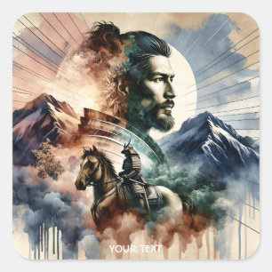 Fantasy Niedlich Brave Handsome Samurai Quadratischer Aufkleber