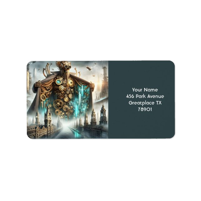 Fantasy Niedlich Bridge Steampunk Robot Adressaufkleber (Vorne)