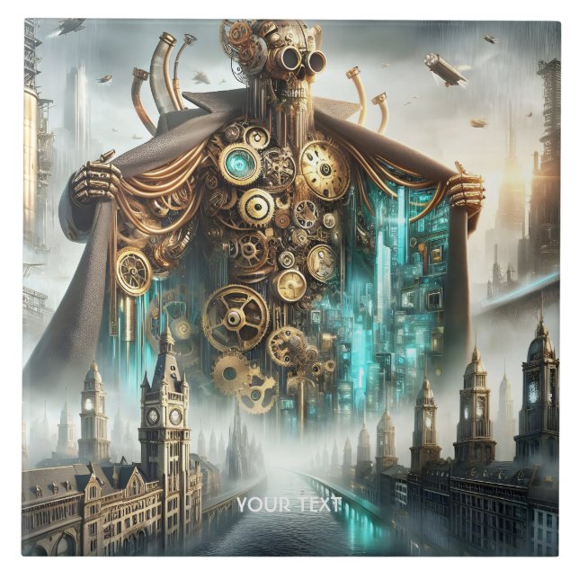 Fantasy Niedlich Bridge Steampunk Robot Fliese (Vorderseite)