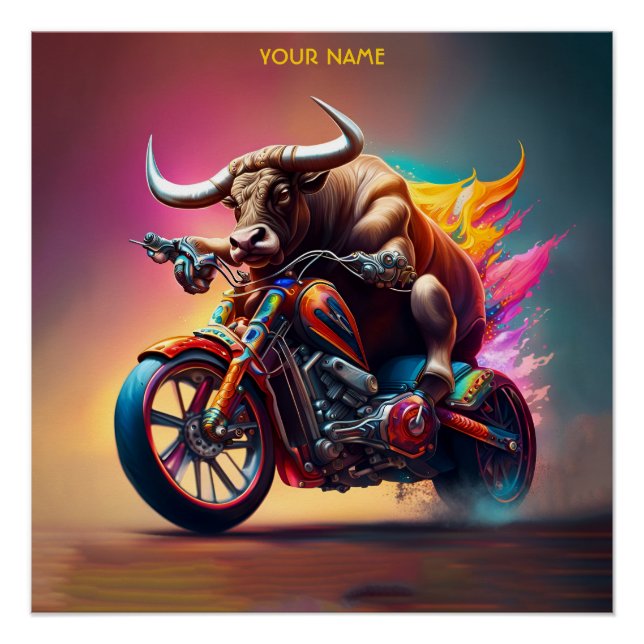 Fantasy Niedlich Bull Riding Bike Poster (Vorderseite)