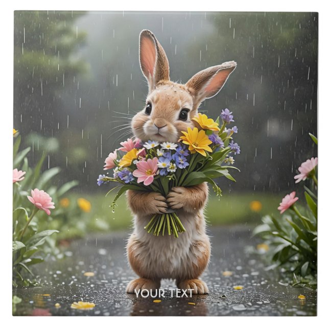 Fantasy Niedlich Bunny Blume Rain Fliese (Vorderseite)