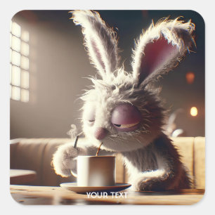Fantasy Niedlich Bunny Drink Coffee Quadratischer Aufkleber
