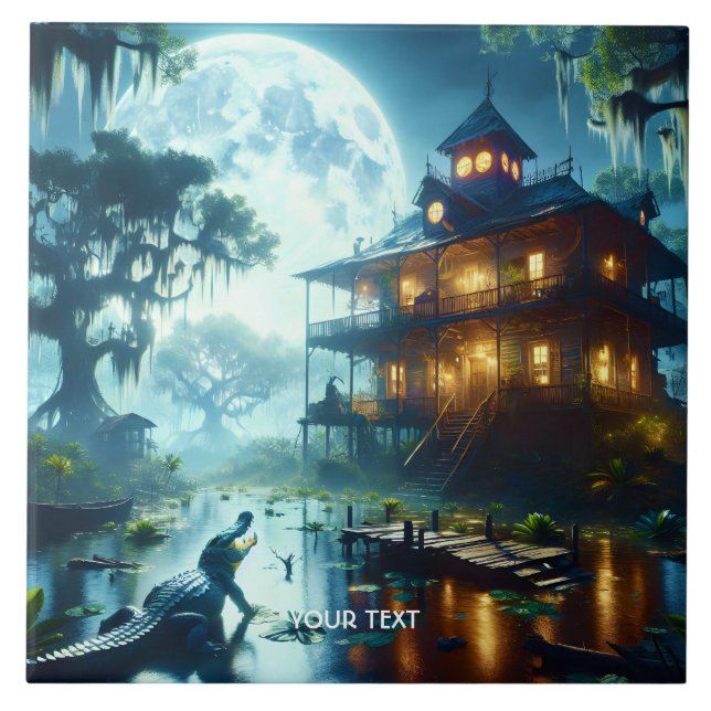 Fantasy Niedlich Cabin Lake Crocodile Fliese (Vorderseite)