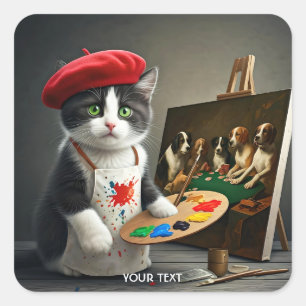 Fantasy Niedlich Cat Beret Malerei Quadratischer Aufkleber