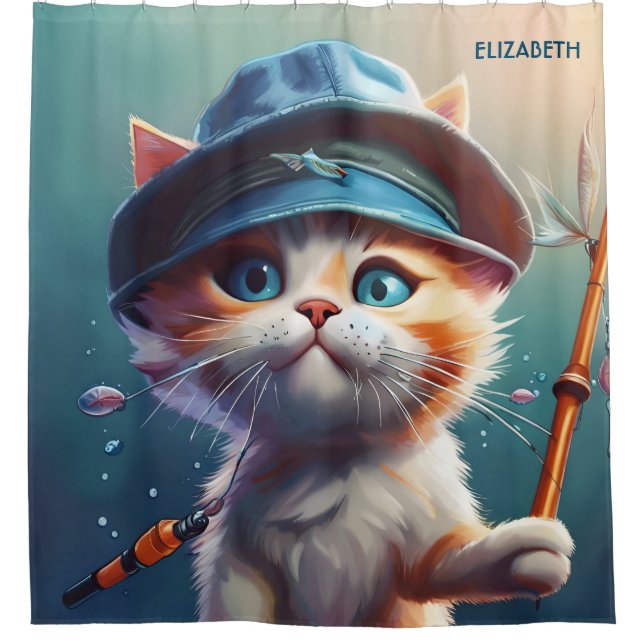 Fantasy Niedlich Cat Fishing Rod Duschvorhang (Vorderseite)