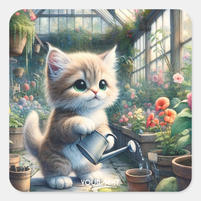 Fantasy Niedlich Cat Garden Blume Quadratischer Aufkleber (Vorderseite)
