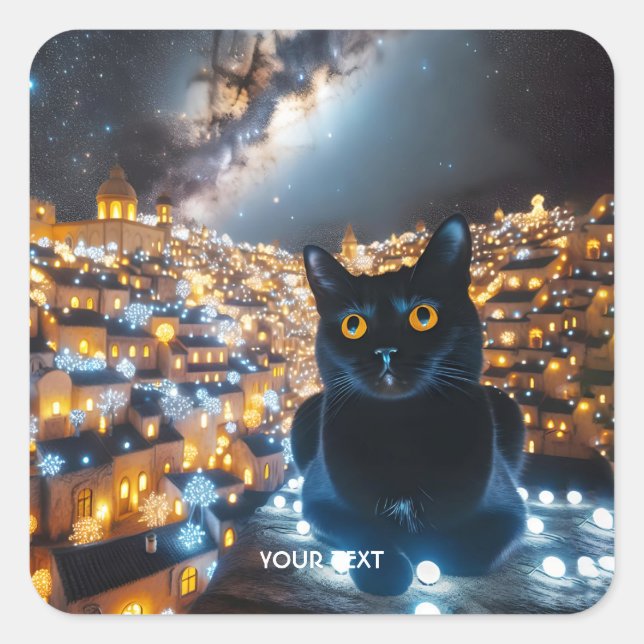 Fantasy Niedlich Cat Lights Town Quadratischer Aufkleber (Vorderseite)