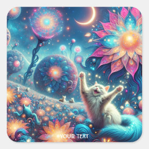 Fantasy Niedlich Cat Playing Blume Quadratischer Aufkleber