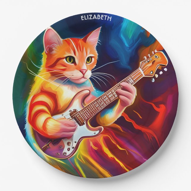 Fantasy Niedlich Cat Playing Gitarre Pappteller (Vorderseite)
