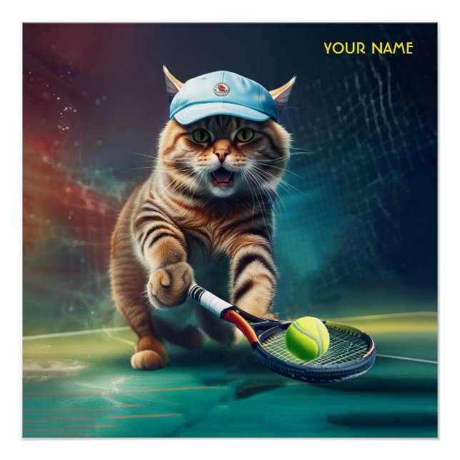Fantasy Niedlich Cat Playing Tennis Poster (Vorderseite)