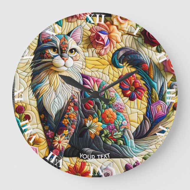 Fantasy Niedlich Cat Stached Glass Große Wanduhr (Vorderseite)