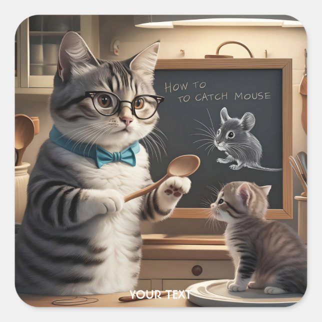 Fantasy Niedlich Cat Teaching Kitten Quadratischer Aufkleber (Vorderseite)