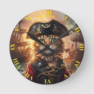Fantasy Niedlich Chat Pirate Hat Runde Wanduhr