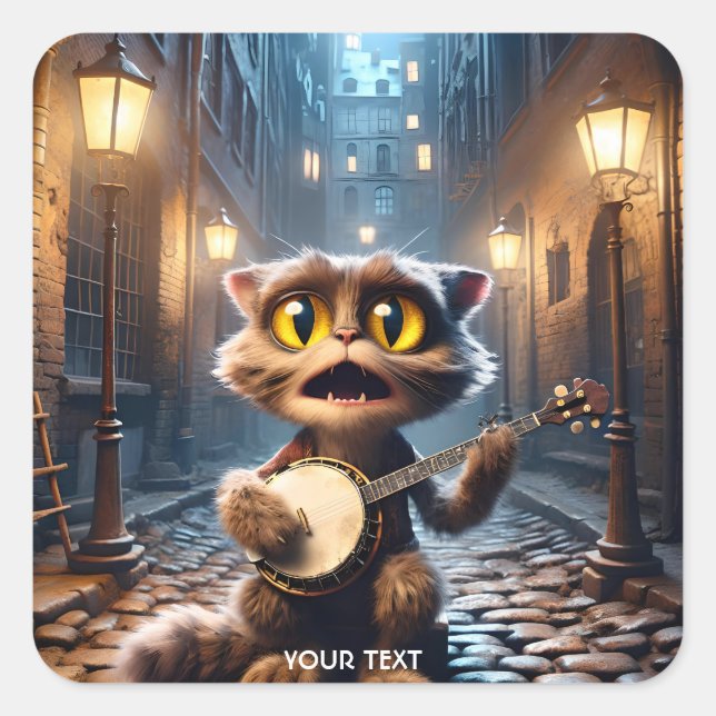 Fantasy Niedlich Chat Playing Banjo Quadratischer Aufkleber (Vorderseite)
