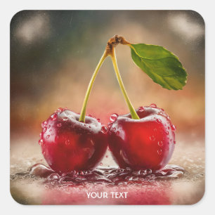 Fantasy Niedlich Cherries tropft Wasser Quadratischer Aufkleber