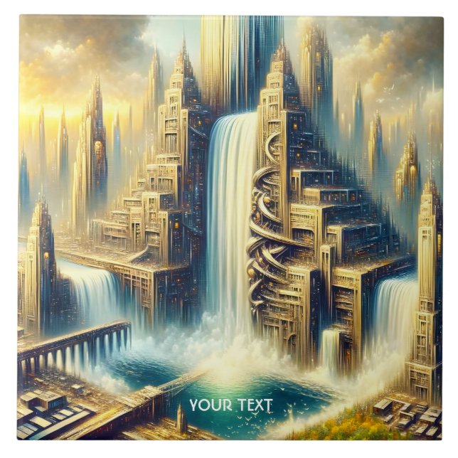 Fantasy Niedlich City Colossal Wasserfall Fliese (Vorderseite)