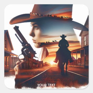 Fantasy Niedlich Cowgirl Cowboy Town Quadratischer Aufkleber