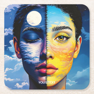 Fantasy Niedlich Day Night Face Rechteckiger Pappuntersetzer