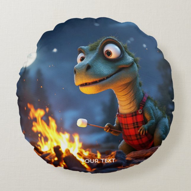 Fantasy Niedlich Dino Campfire Moon Rundes Kissen (Vorderseite)