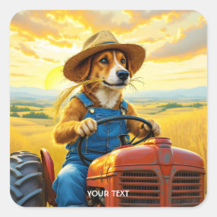 Fantasy Niedlich Dog Traktor Straw Quadratischer Aufkleber