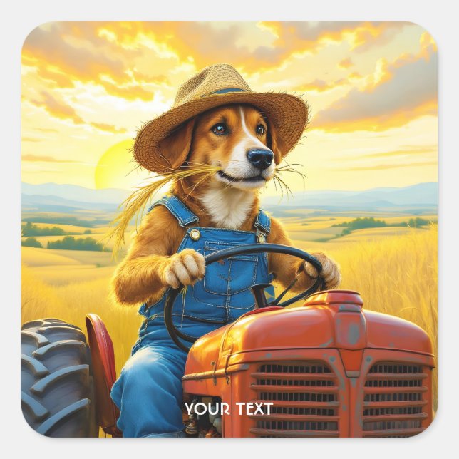 Fantasy Niedlich Dog Traktor Straw Quadratischer Aufkleber (Vorderseite)