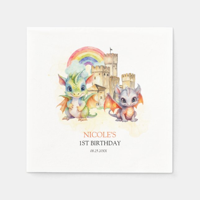Fantasy Niedlich Dragon Castle Rainbow Kindergebur Serviette (Vorderseite)