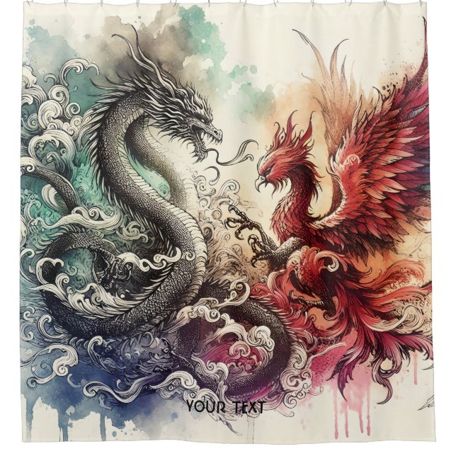Fantasy Niedlich Dragon Phoenix Ink Duschvorhang (Vorderseite)