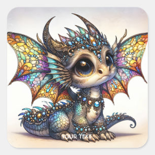 Fantasy Niedlich Dragon Stached Glass Quadratischer Aufkleber