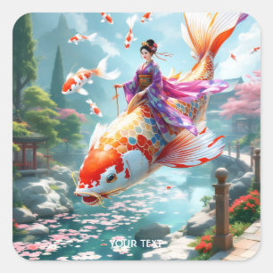 Fantasy Niedlich Fish Japanisches Mädchen Quadratischer Aufkleber
