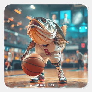 Fantasy Niedlich Fish Playing Basketball Quadratischer Aufkleber