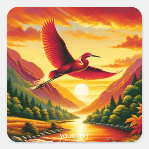 Fantasy Niedlich Flying Red Egret Quadratischer Aufkleber