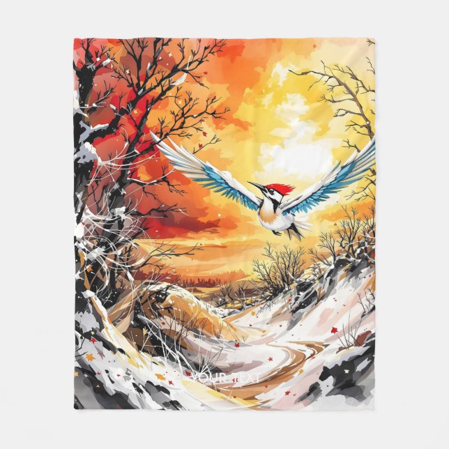 Fantasy Niedlich Forest Woodpecker Sunset Fleecedecke (Vorderseite)
