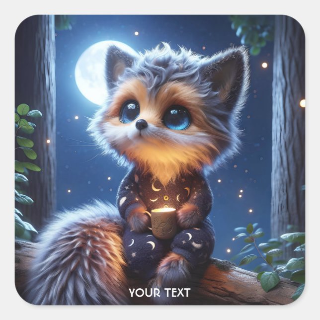 Fantasy Niedlich Fox Cub Kaffee Quadratischer Aufkleber (Vorderseite)