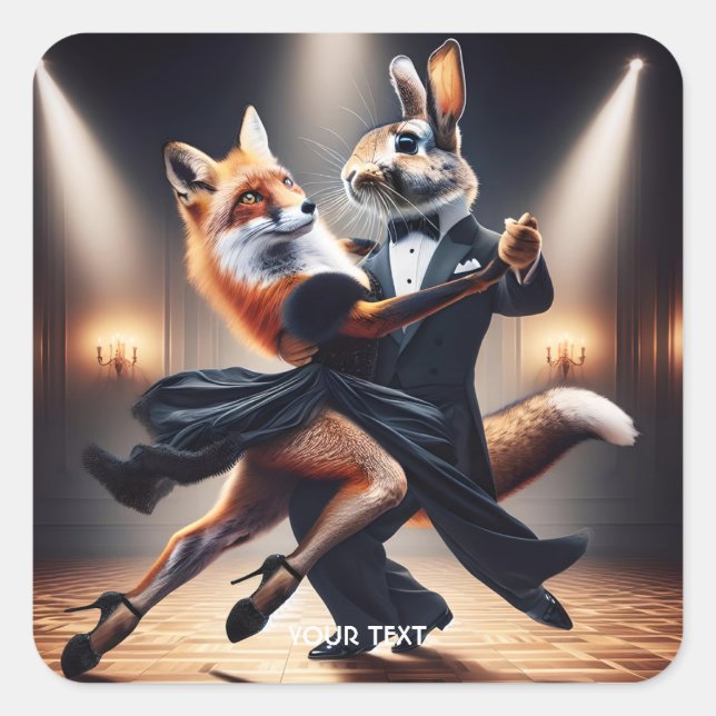 Fantasy Niedlich Fox Rabbit Tango Quadratischer Aufkleber (Vorderseite)