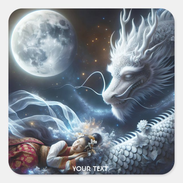 Fantasy Niedlich Girl Dragon Moon Quadratischer Aufkleber (Vorderseite)