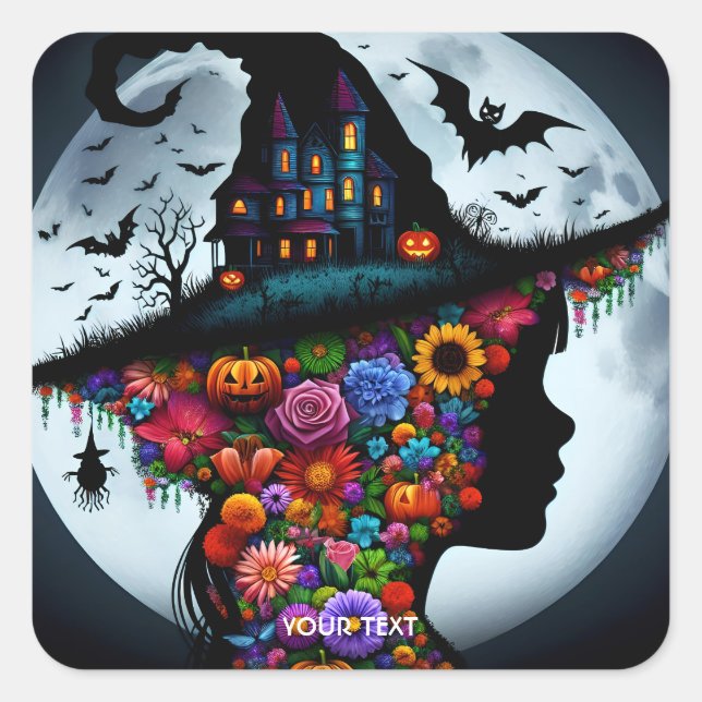Fantasy Niedlich Girl Hexe Halloween Quadratischer Aufkleber (Vorderseite)