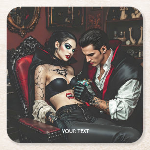 Fantasy Niedlich Girl Man Tattoo Rechteckiger Pappuntersetzer