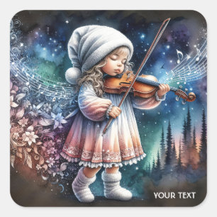 Fantasy Niedlich Girl Music Violin Quadratischer Aufkleber