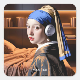 Fantasy Niedlich Girl Pearl Kopfhörer Quadratischer Aufkleber
