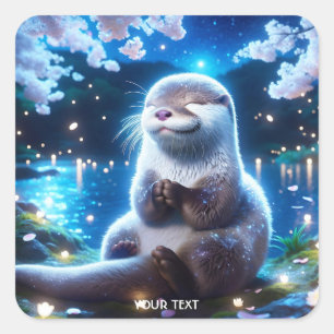 Fantasy Niedlich Happy Otter Nacht Quadratischer Aufkleber