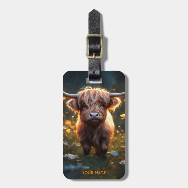 Fantasy Niedlich Highland Baby Cow Gepäckanhänger (Vorderseite vertikal)
