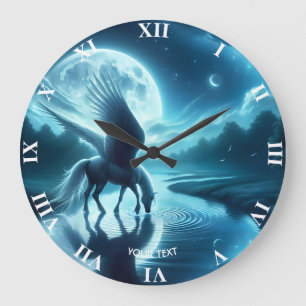 Fantasy Niedlich Horse Wings Moon Große Wanduhr