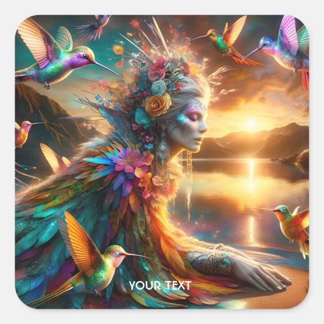 Fantasy Niedlich Hummingbird Goddess Lake Quadratischer Aufkleber (Vorderseite)