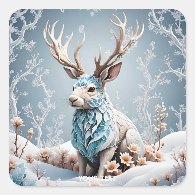Fantasy Niedlich Jackalope Winter Ice Quadratischer Aufkleber (Vorderseite)